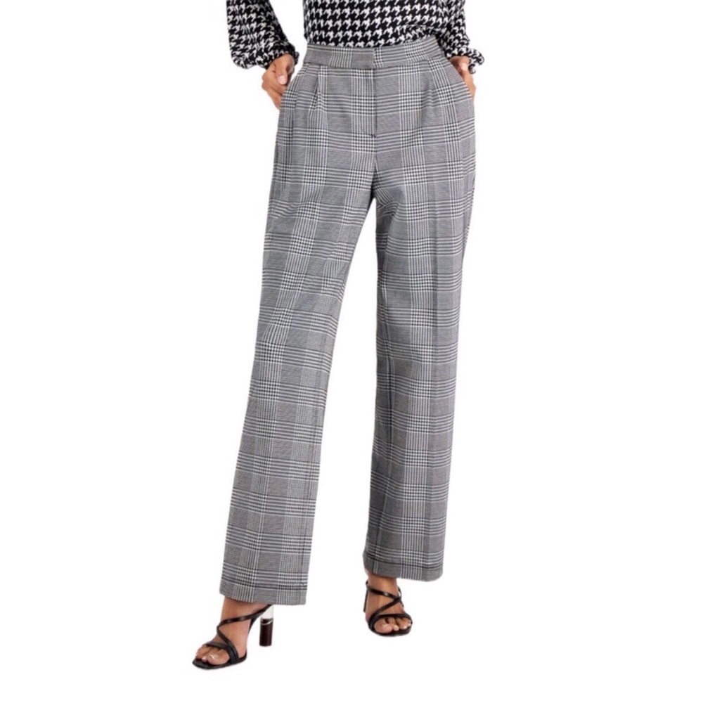 Talbots Black & White Glen Plaid Wool Blend Cuffed Wide Leg Trouser Pants